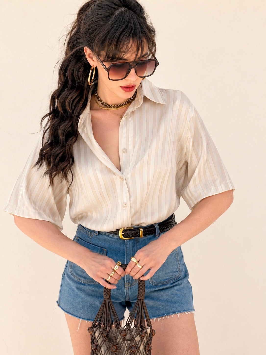 מכופתרת קמילה - שמנת פסים