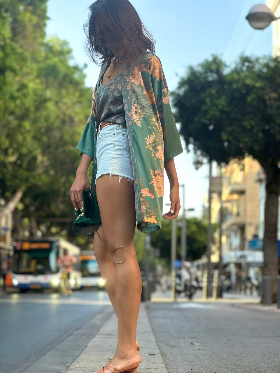 קימונו סאקורה - טורקיז פרחים צהובים