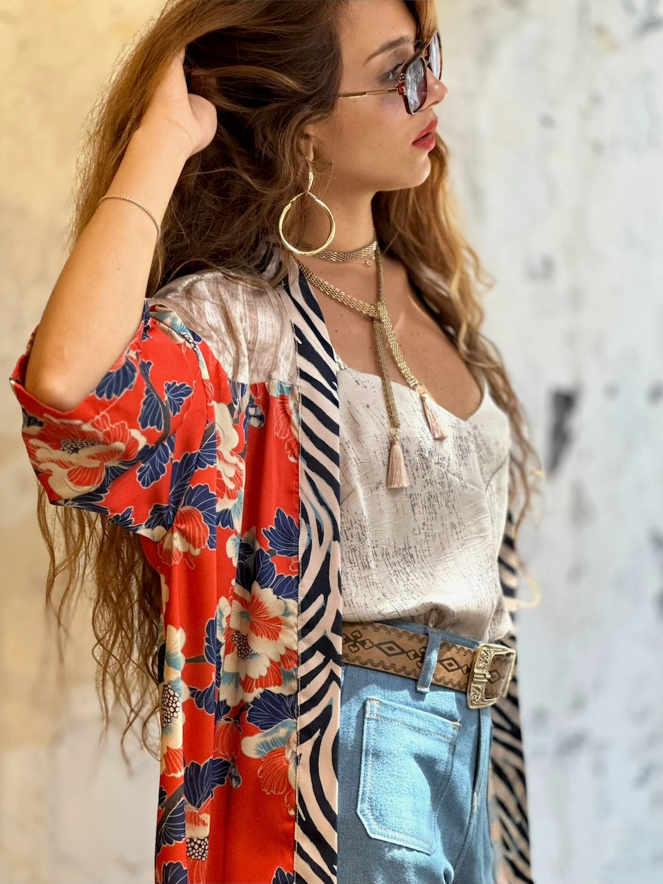 קימונו סאקורה - אדום כתום פרחוני