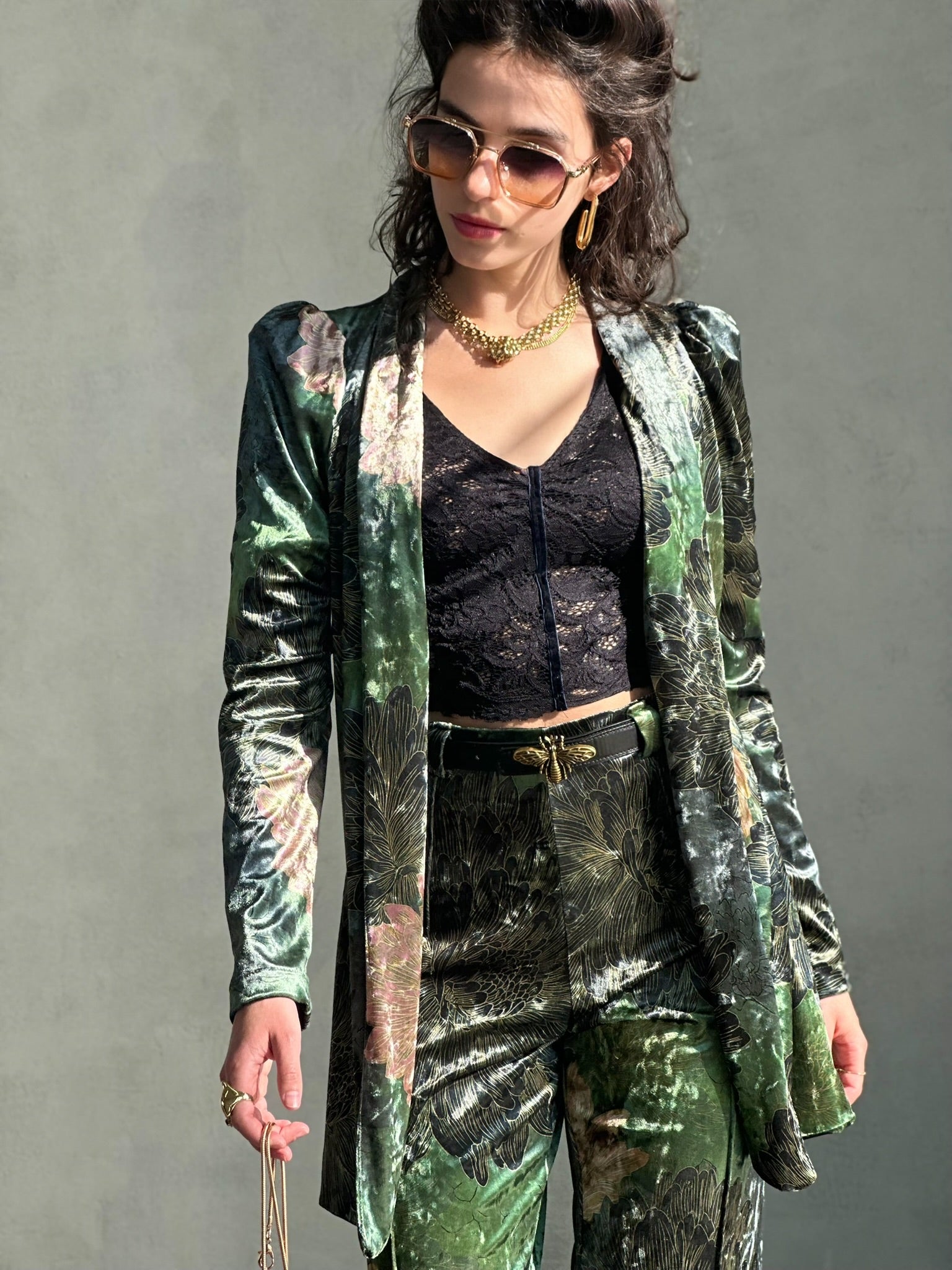 עליונית ברלין קטיפה שבורה - ירוק פרינט חרציות