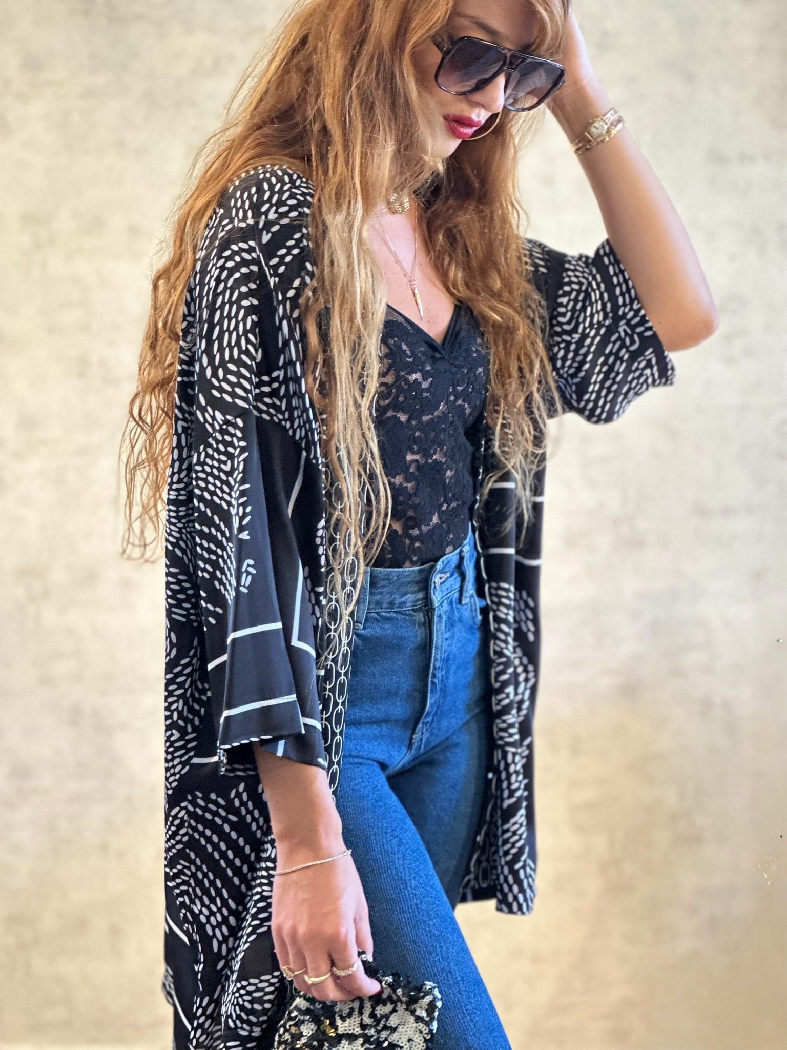 קימונו סאקורה - שחור לבן