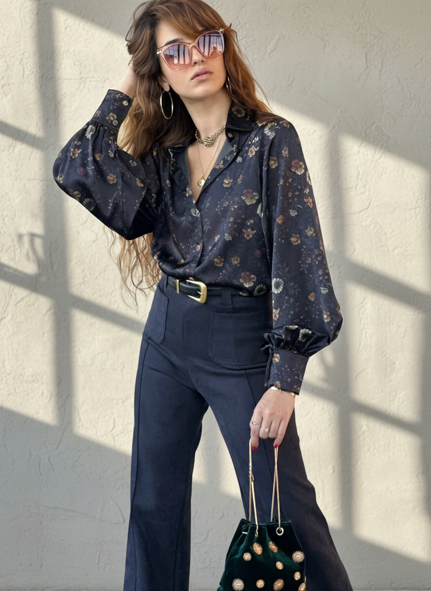 חולצת פריסיליה - שחור כחלחל פרחים קטנים