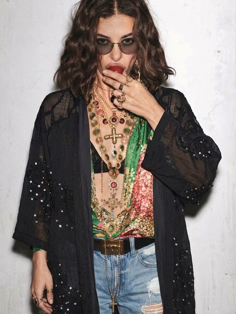קימונו סאקורה - שחור שיפון פאייטים