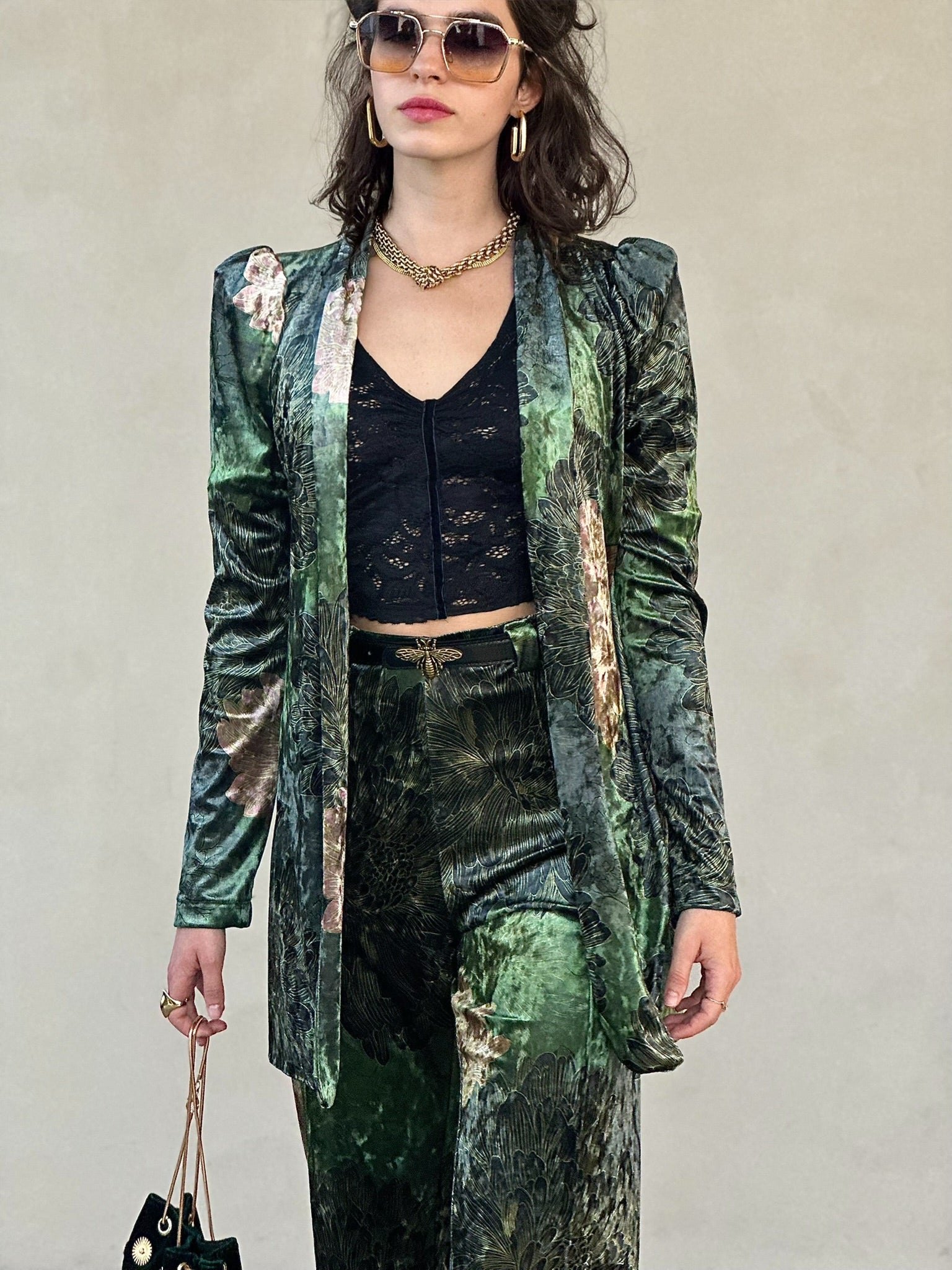 עליונית ברלין קטיפה שבורה - ירוק פרינט חרציות