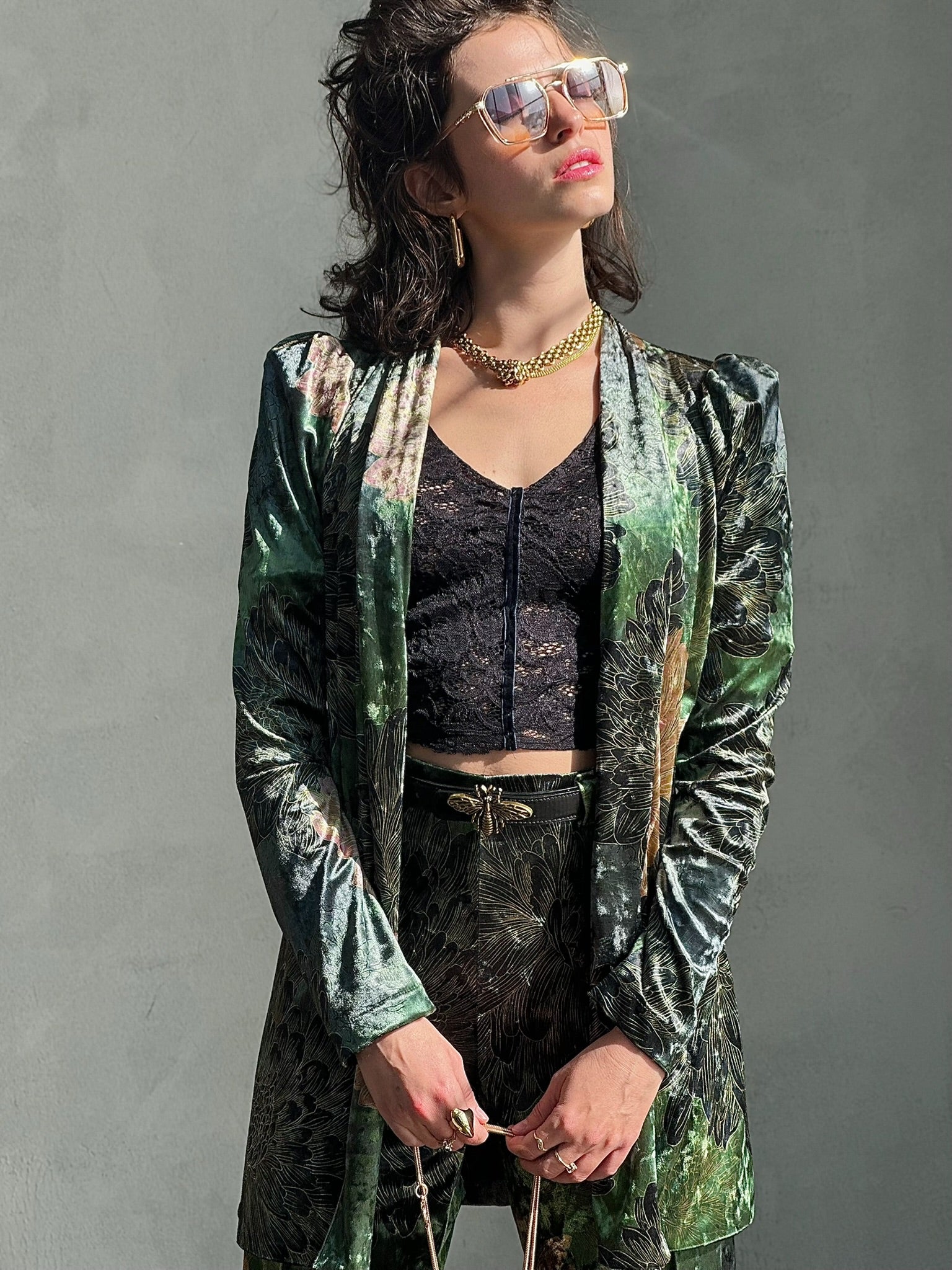 עליונית ברלין קטיפה שבורה - ירוק פרינט חרציות