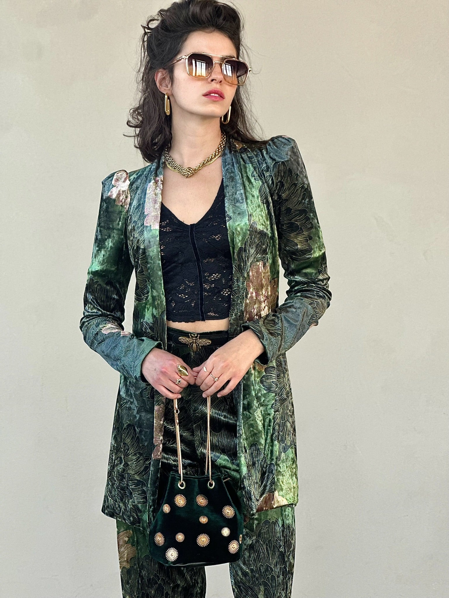 עליונית ברלין קטיפה שבורה - ירוק פרינט חרציות