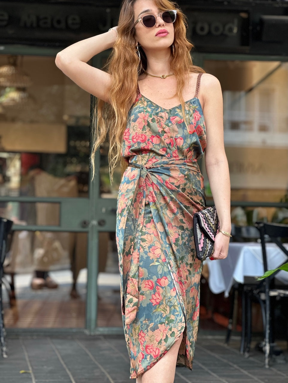חצאית פלמה - טורקיז פרחים ורודים