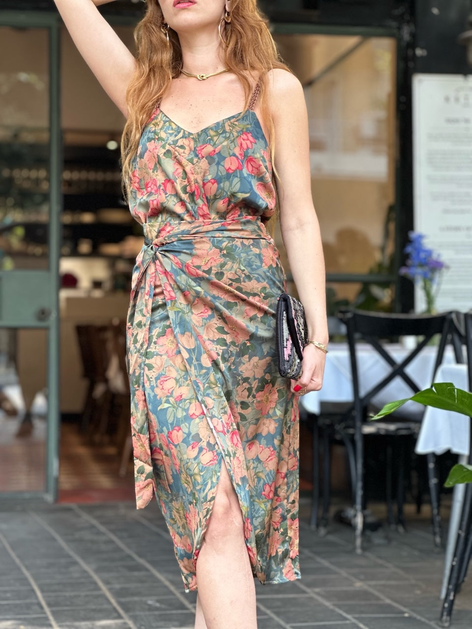 סט חצאית פלמה + גופיית אתנה - טורקיז פרחים ורודים