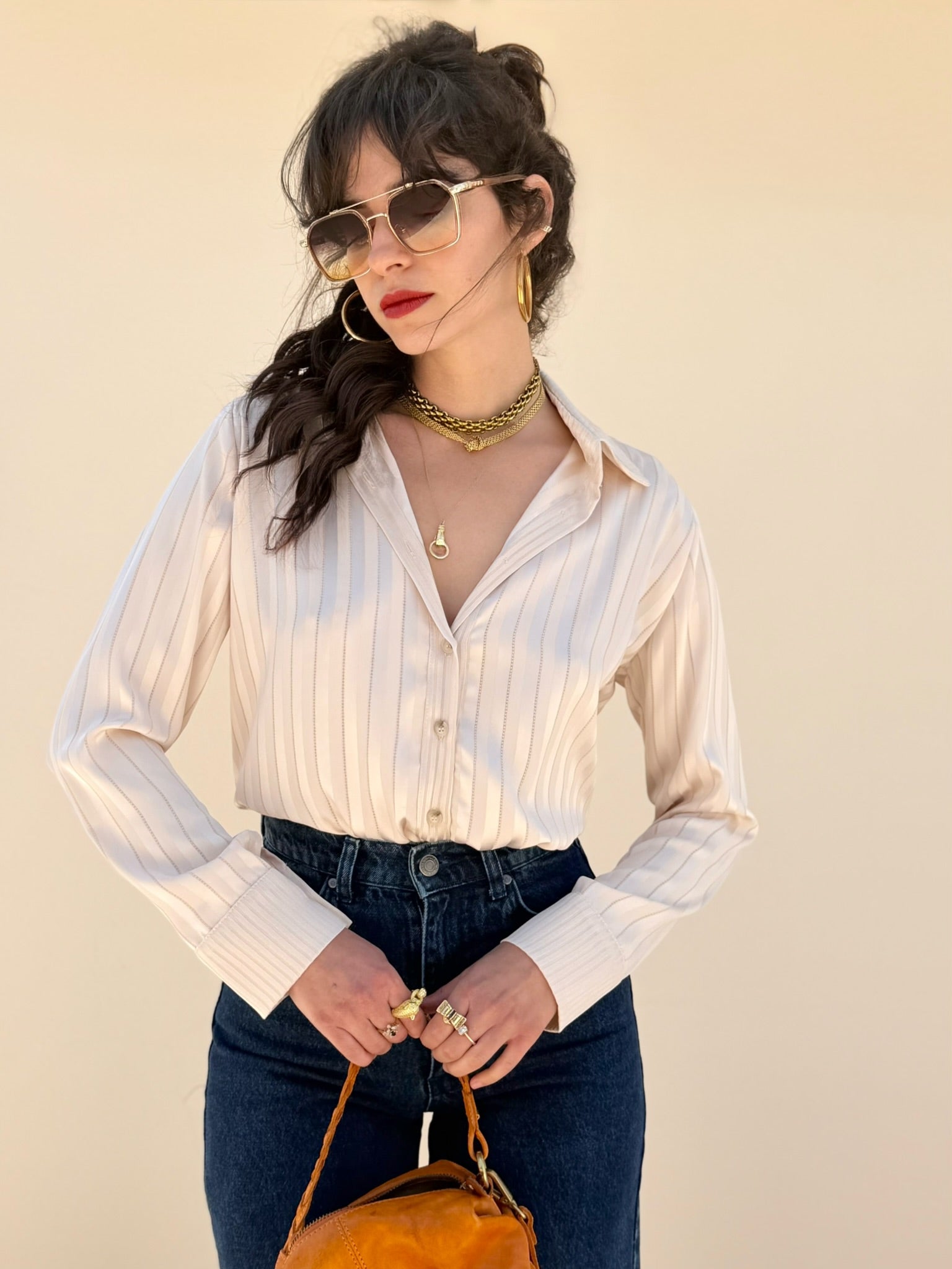 חולצת ג׳ינה - שמנת פסים